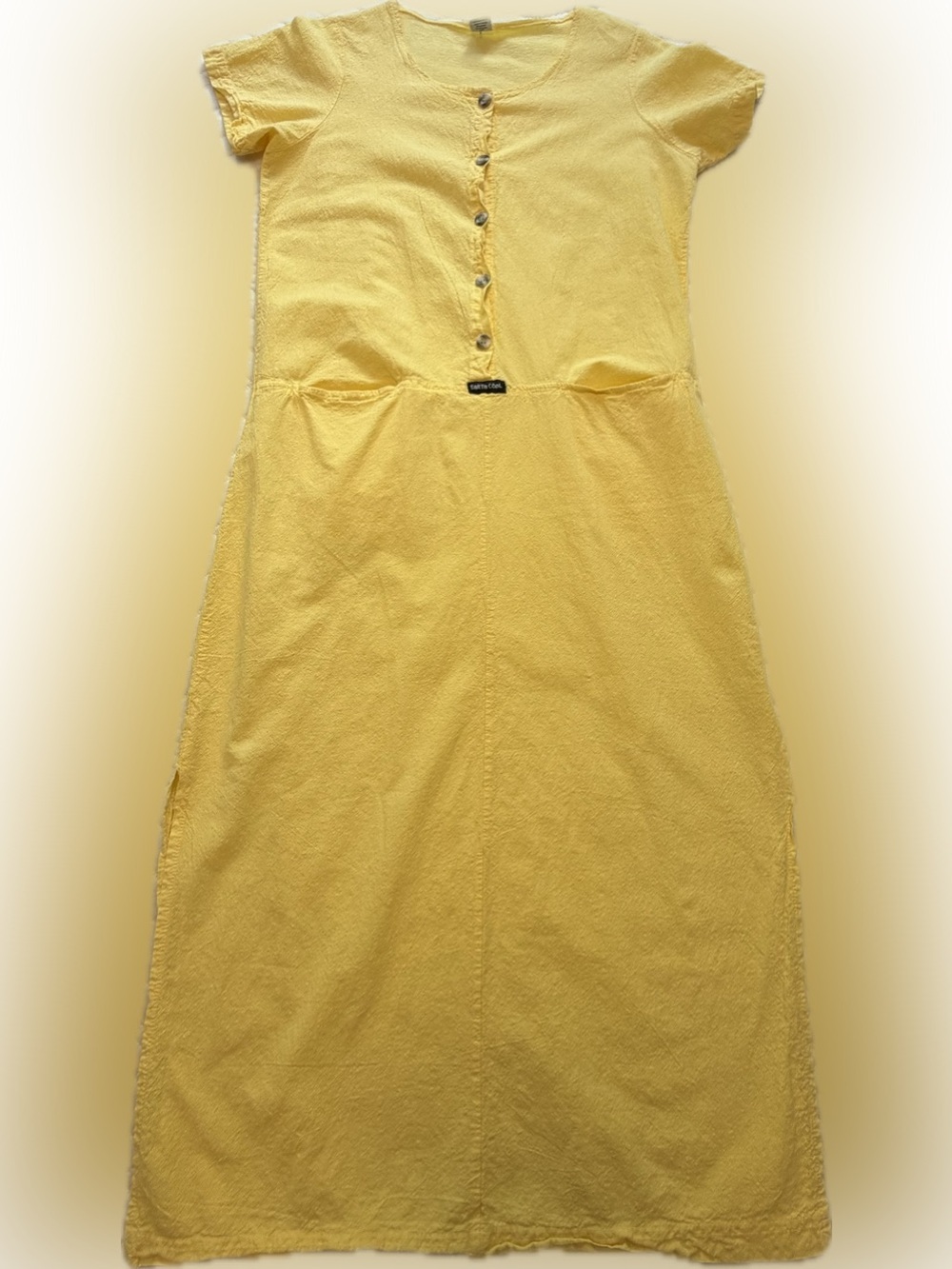 Vintage Earth Cool Cotton Yellow Button-Front Midi Dress